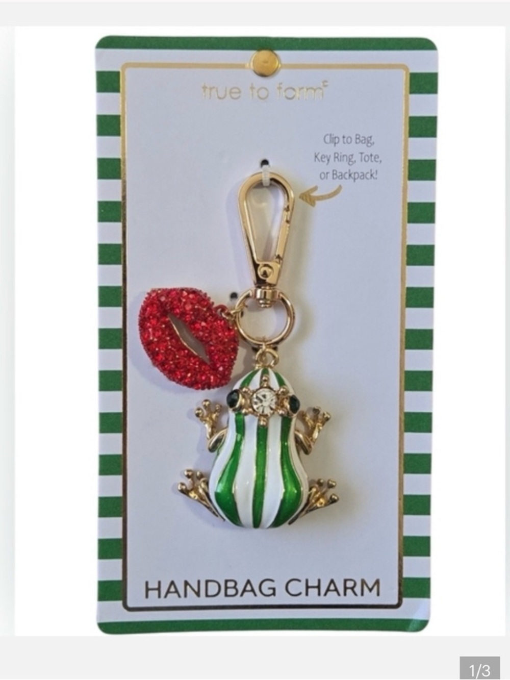 True to Form Green & White Striped Frog Handbag Charm with Red Lip Charm - CUTE